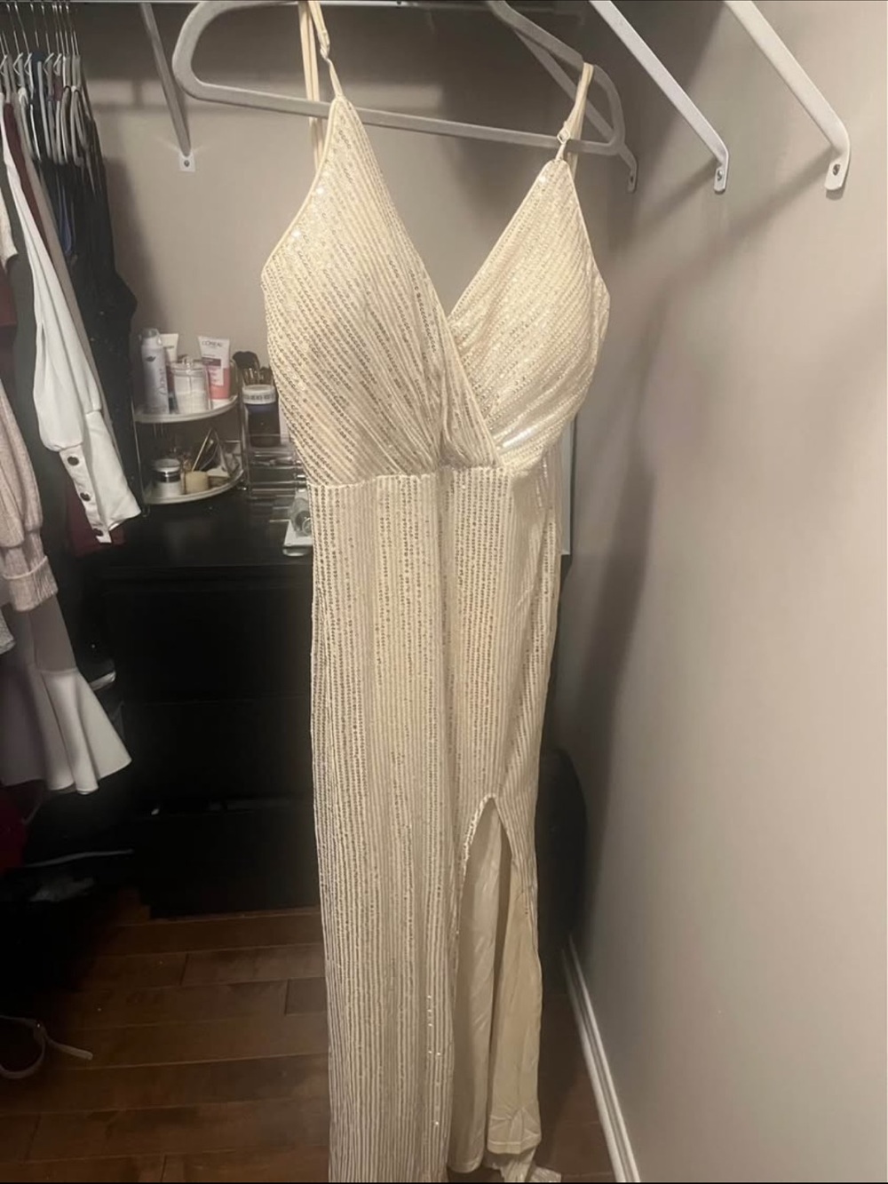 SHEIN Cream Sequin Wrap Slit Prom Dress